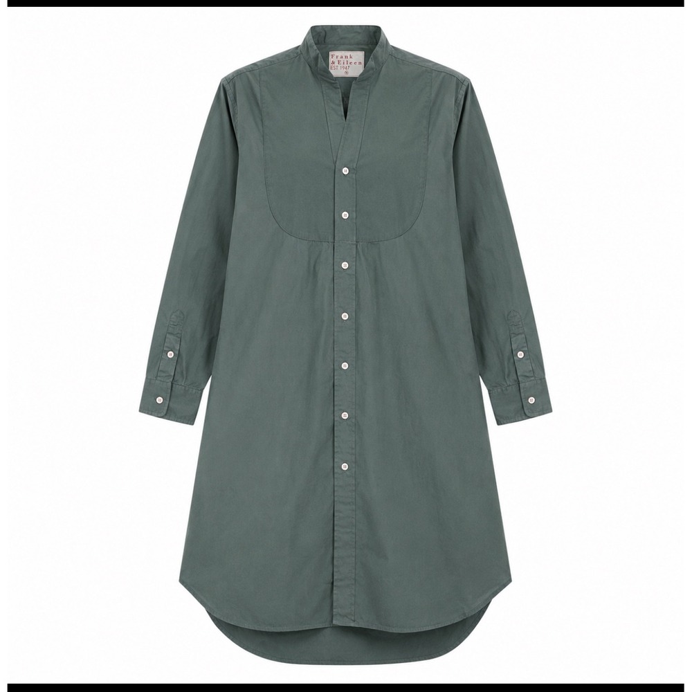 Frank & Eileen Tori Shirt Dress Womens M Green Cotton Bib Front Tuxedo Lagenlook